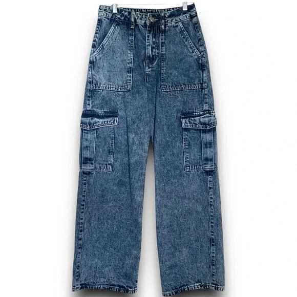 SHEIN Denim - SHEIN Cargo Jeans Women’s Sz XS/2 High Waisted Wide Leg Acid Wash Y2K Denim